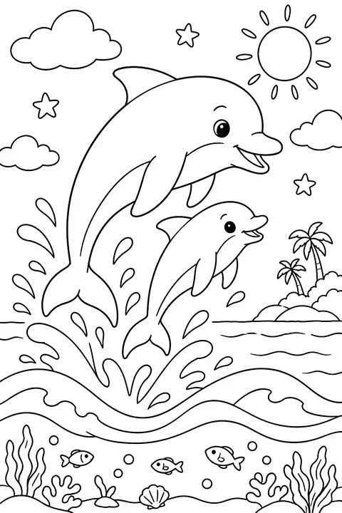 a mother dolphin and baby dolphin jumping over waves coloring page