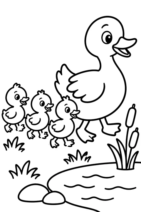 a mother duck leading her ducklings to a pond coloring page