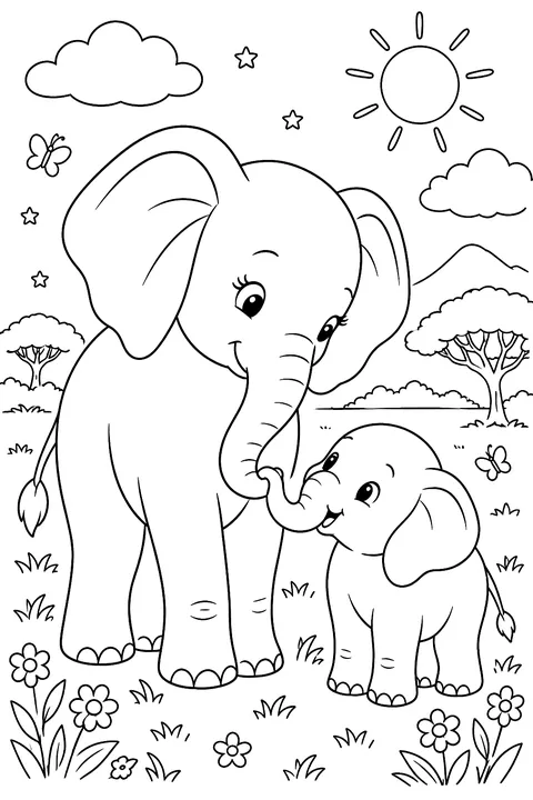 a mother elephant and baby elephant holding trunks coloring page