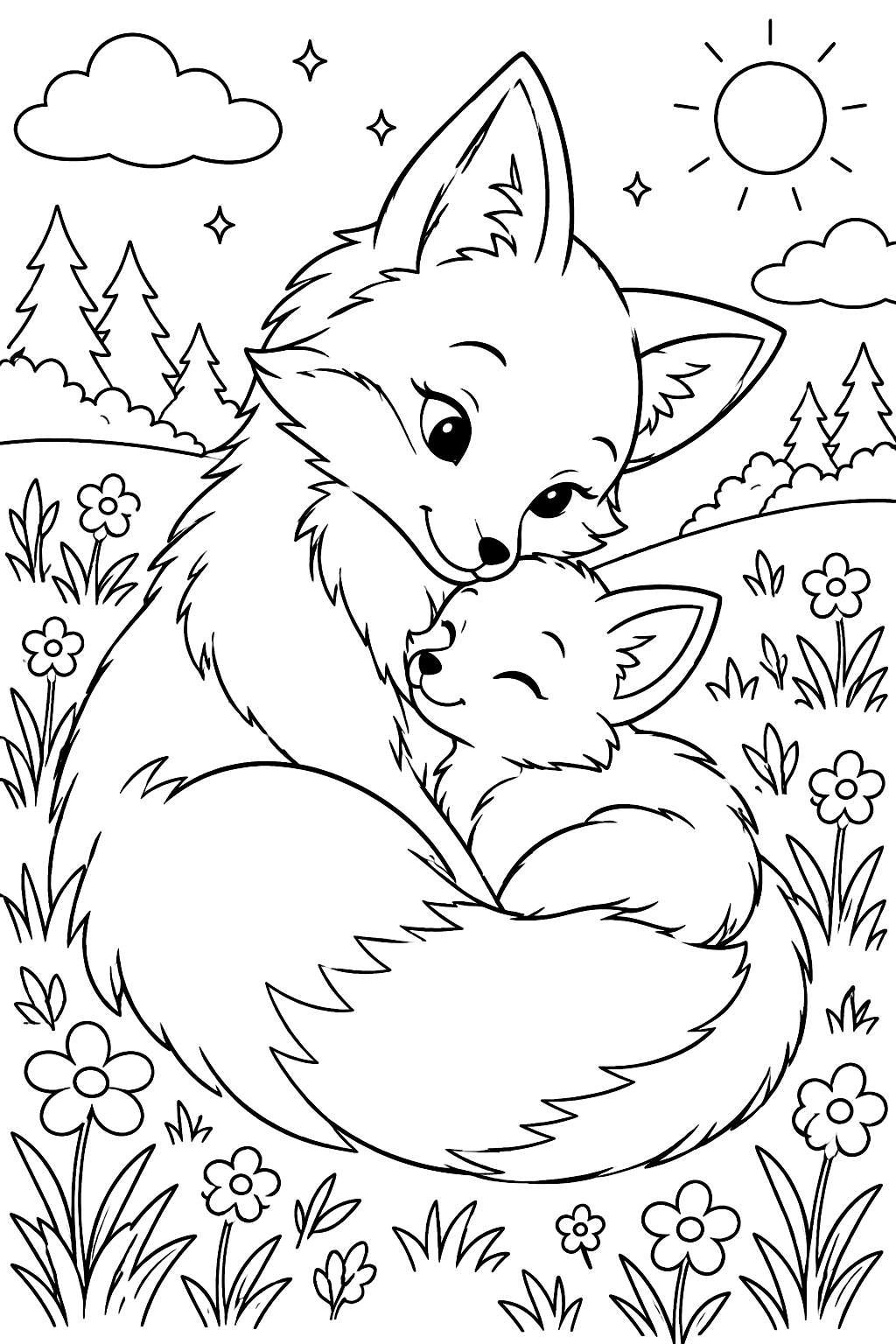 a mother fox snuggling her kit in a meadow coloring page
