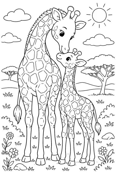 a mother giraffe nuzzling her baby giraffe on the savanna coloring page