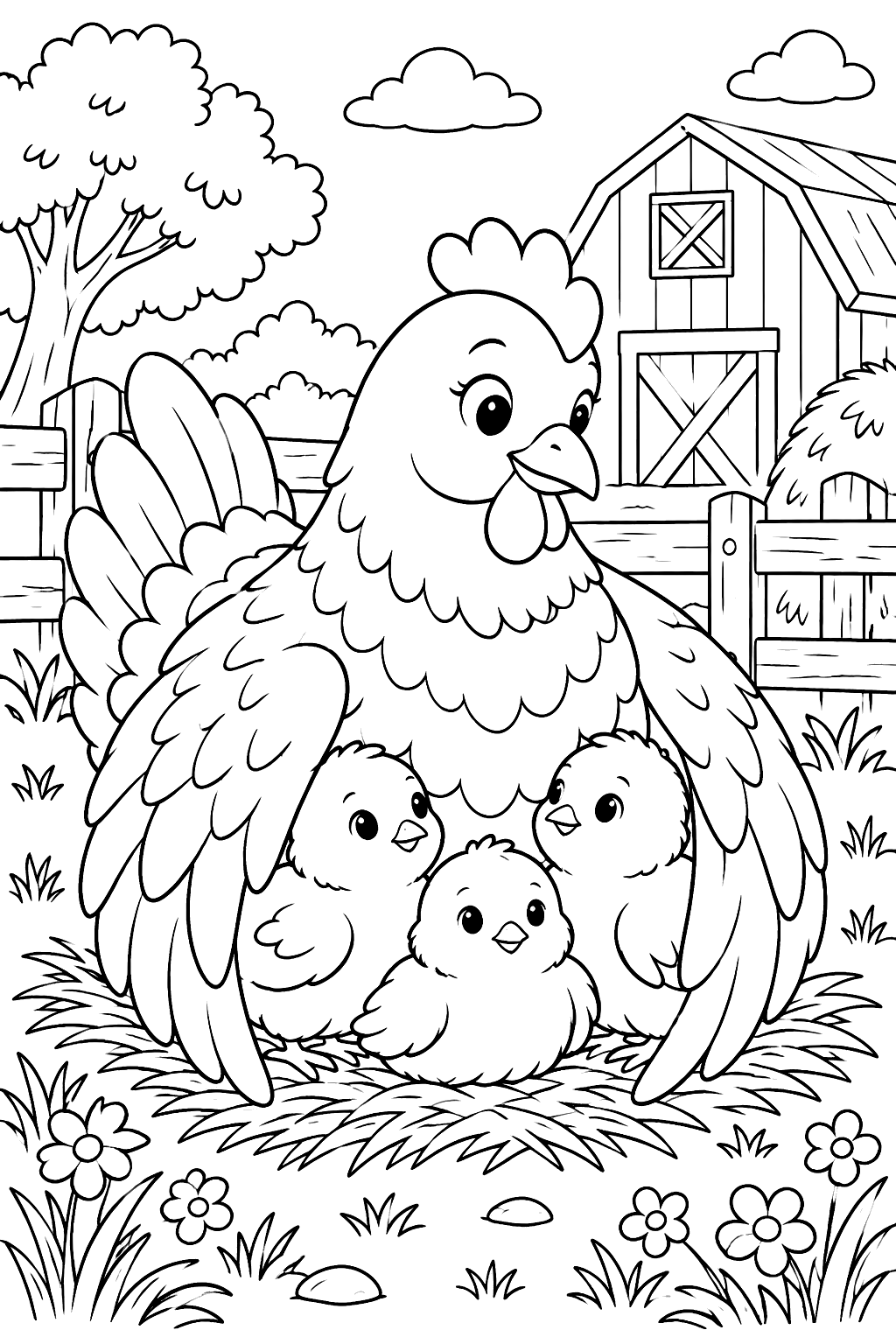 a mother hen with chicks under her wings in a farmyard coloring page
