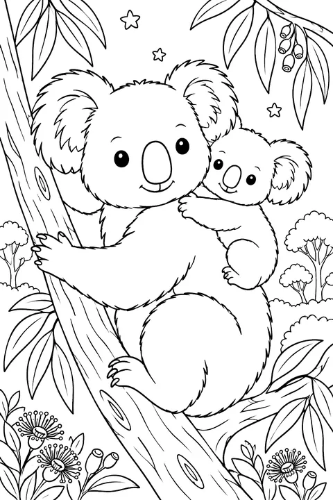 a mother koala carrying her baby on her back in a eucalyptus tree coloring page