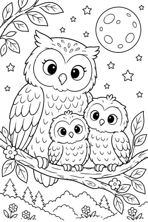 a mother owl and two baby owls on a branch under the moon coloring page