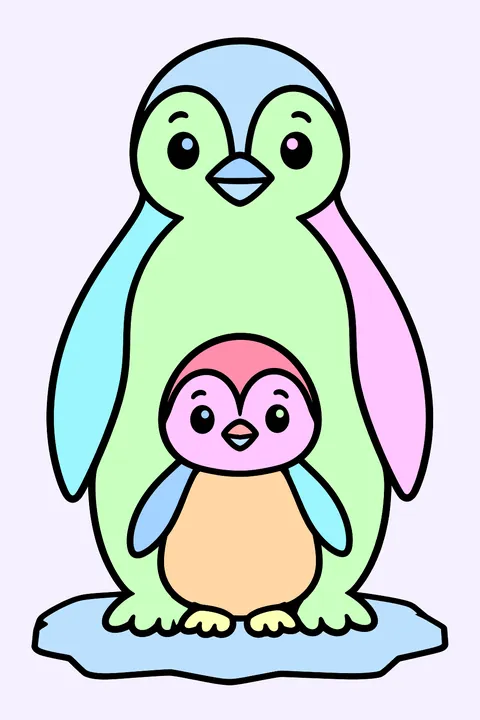 a mother penguin with her chick on the ice coloring page