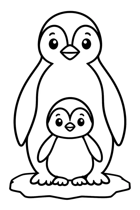 a mother penguin with her chick on the ice coloring page