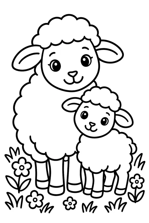a mother sheep and her lamb in a flowery field coloring page