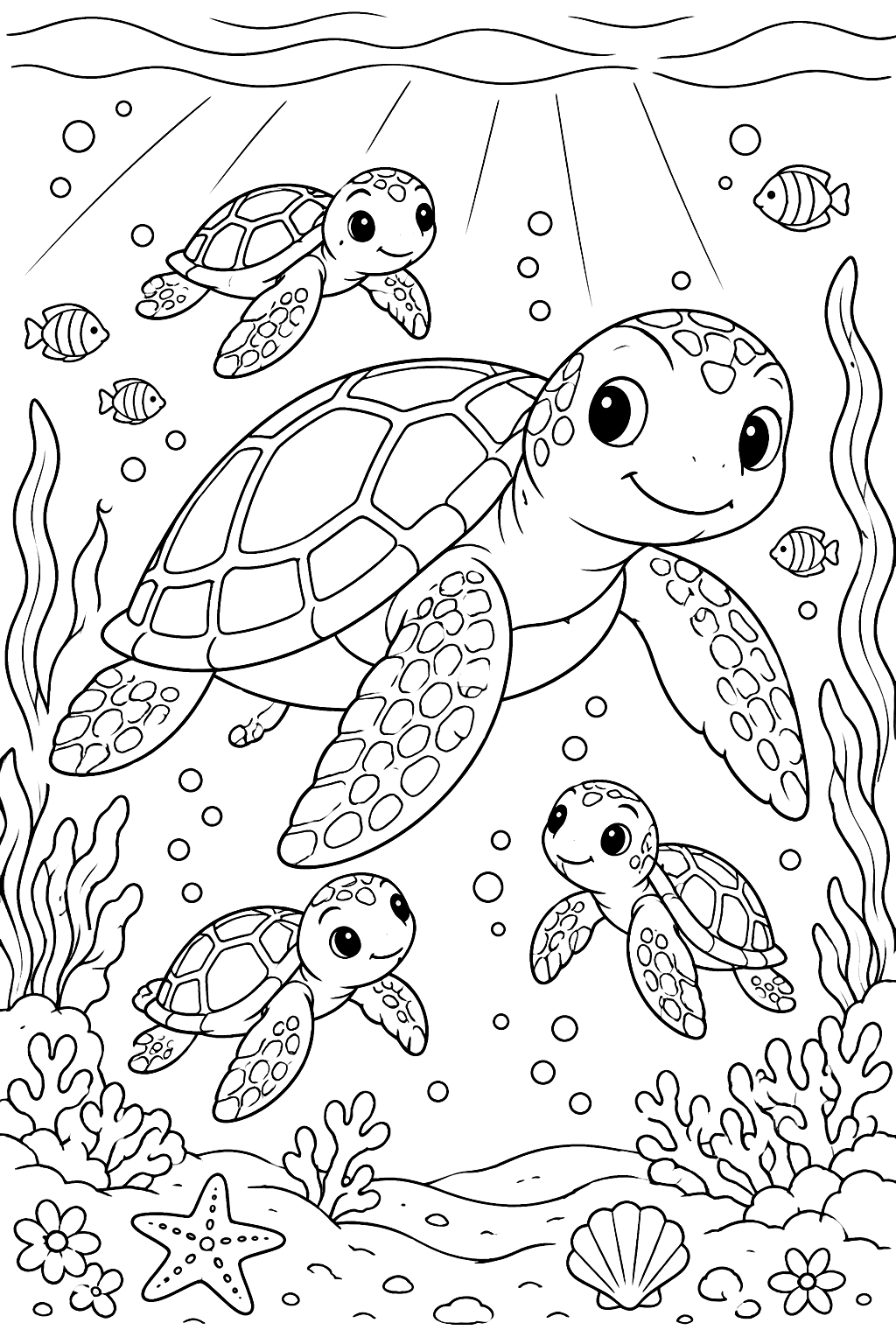 a mother sea turtle swimming with baby turtles coloring page