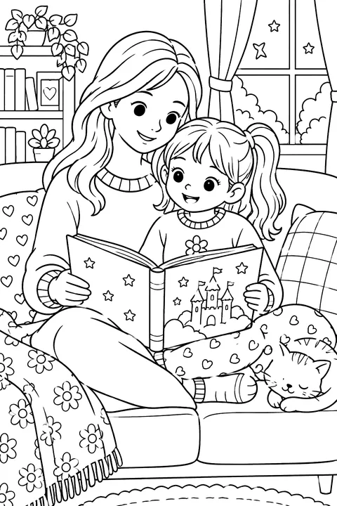 a mother and child reading a book together on a cozy couch coloring page