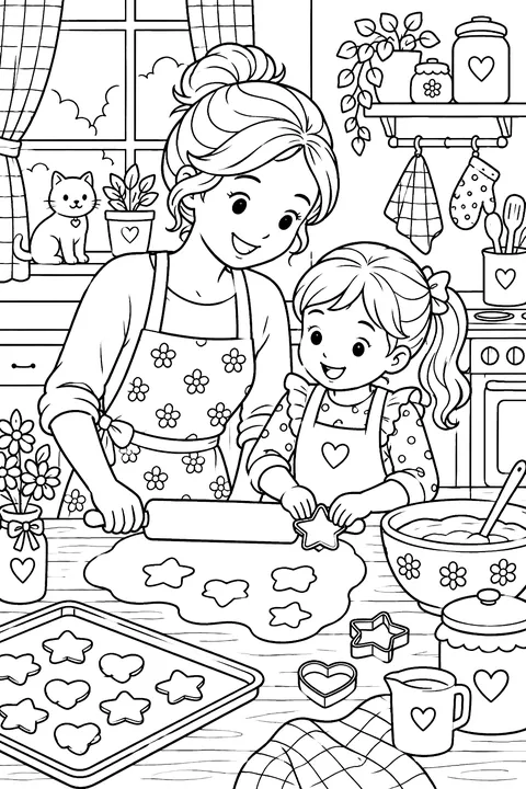 a mother and child baking cookies in a kitchen coloring page