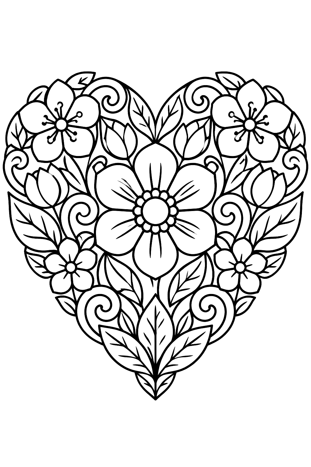 a heart shape made of detailed flowers, leaves and swirls coloring page