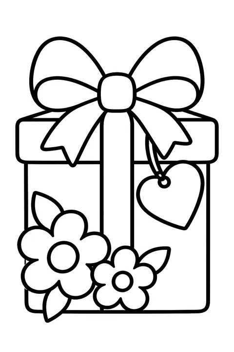 a wrapped gift box with a big bow, flowers and a heart tag coloring page