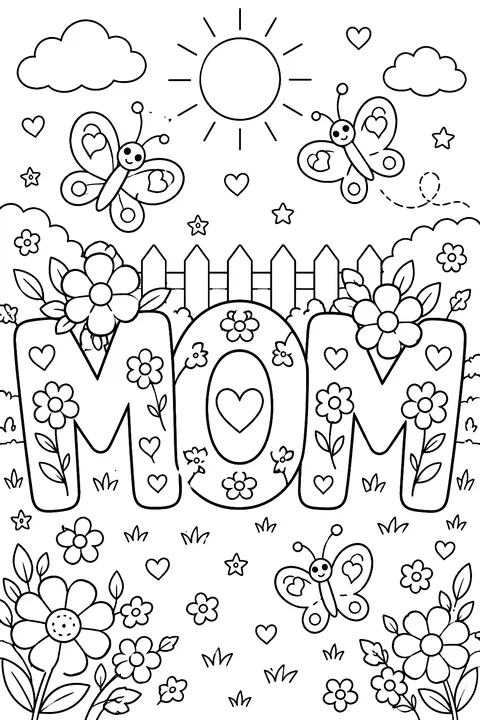 big outline letters spelling MOM decorated with flowers, hearts and butterflies coloring page