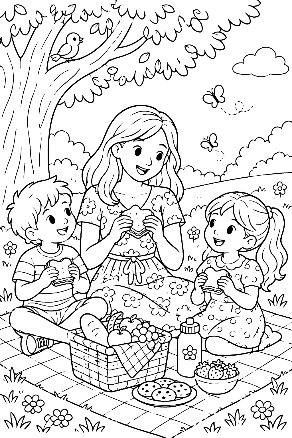 a mother and two kids having a picnic under a tree coloring page