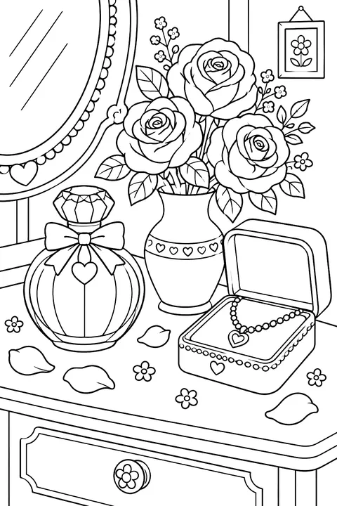 a pretty perfume bottle, a necklace box and roses on a dresser coloring page