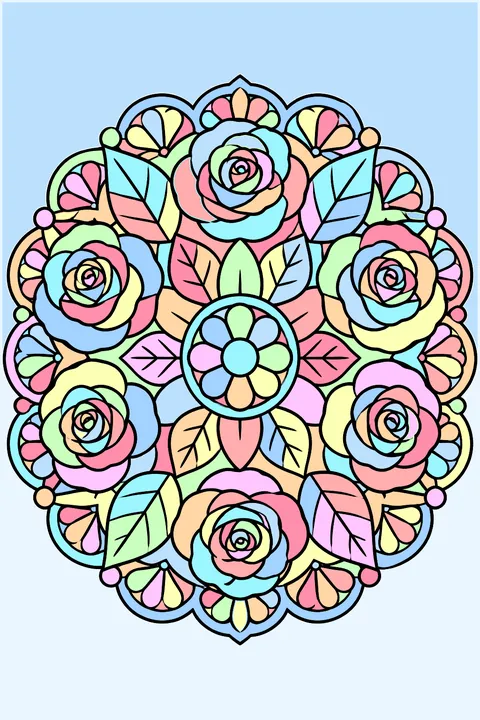 a round mandala made of roses, leaves and lace patterns coloring page