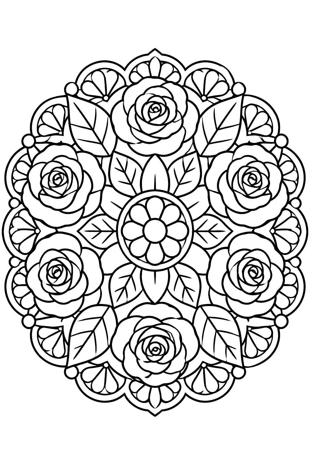 a round mandala made of roses, leaves and lace patterns coloring page
