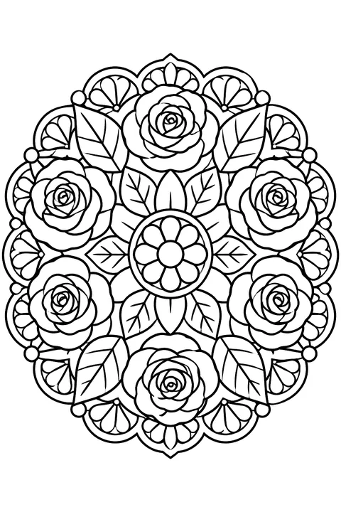 a round mandala made of roses, leaves and lace patterns coloring page