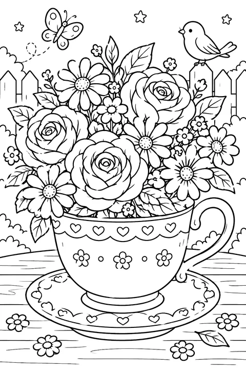 a teacup and saucer overflowing with roses and daisies coloring page