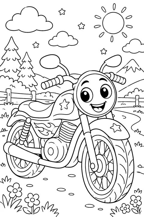 Cartoon motorcycle with a smiling face coloring page