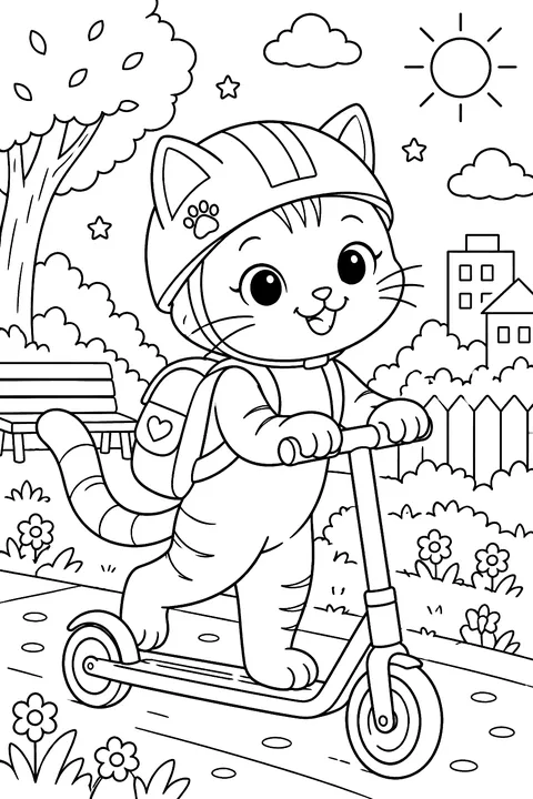 Cat riding a scooter coloring page