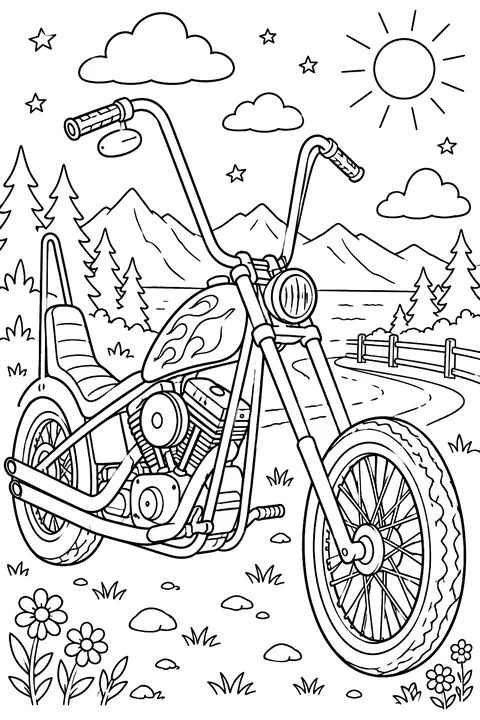 Chopper motorcycle with long handlebars coloring page
