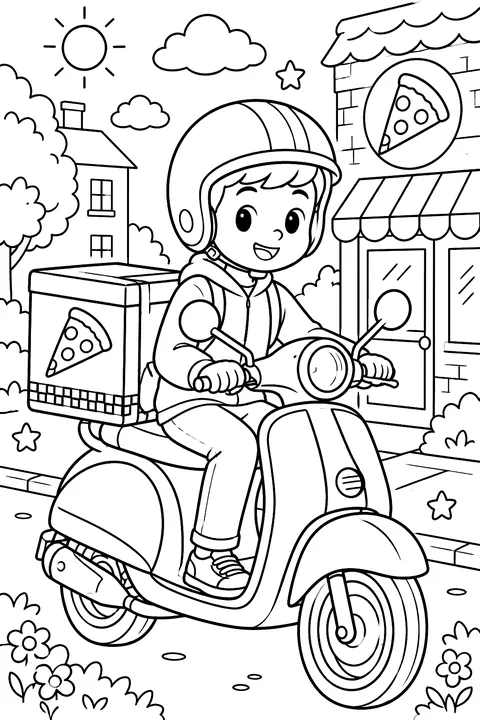 Delivery scooter with a pizza box coloring page