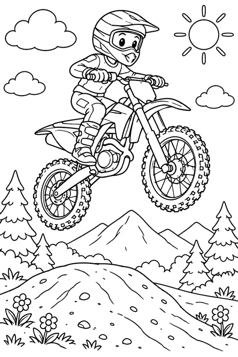 Dirt bike jumping over a hill coloring page