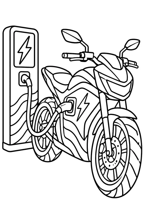 Electric motorcycle charging coloring page