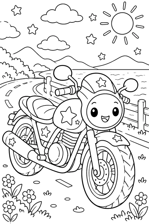 Kawaii motorcycle with stars coloring page