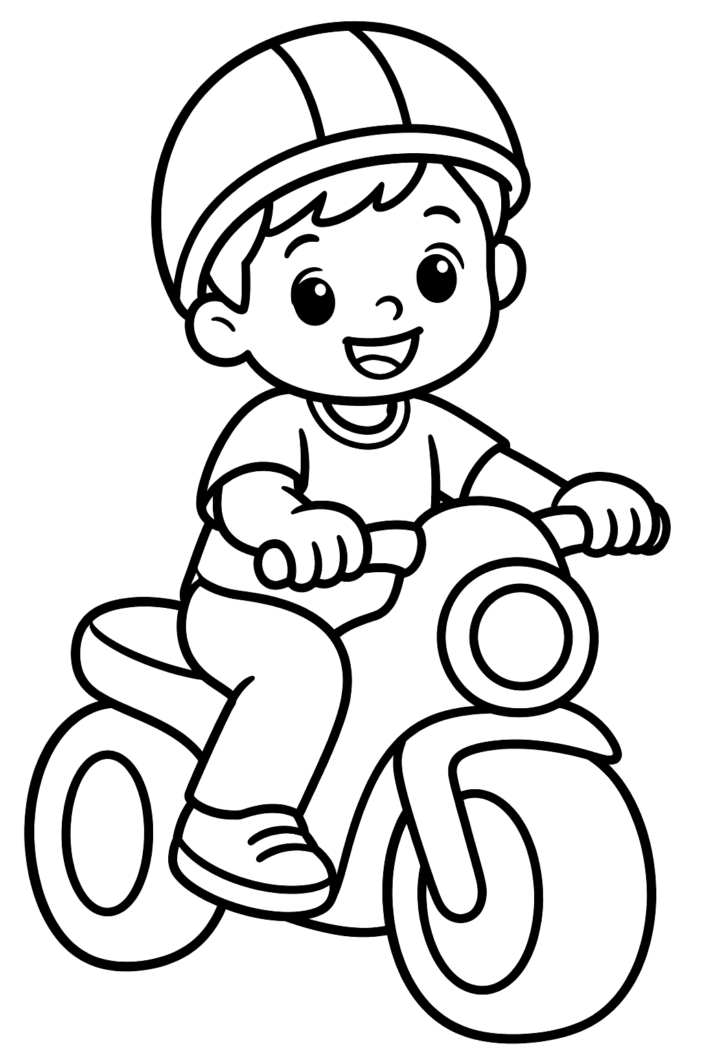 Kid riding a toy motorcycle coloring page