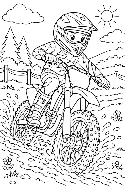 Motocross rider on a muddy track coloring page