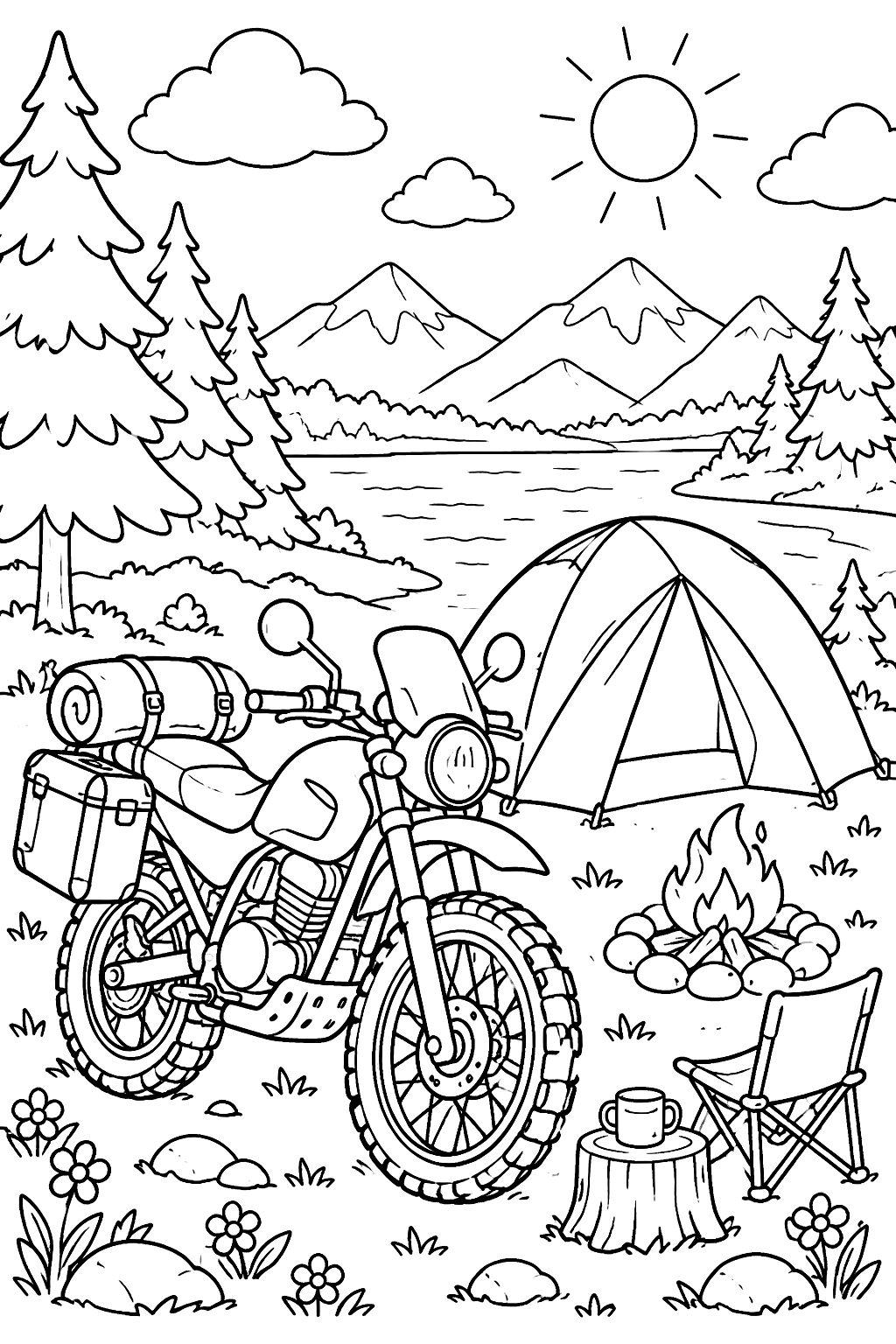 Motorcycle camping trip with a tent coloring page