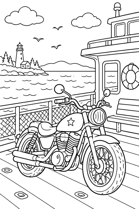 Motorcycle on a ferry coloring page
