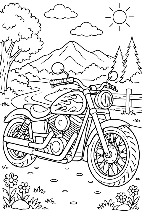 Motorcycle with flames painted on the tank coloring page