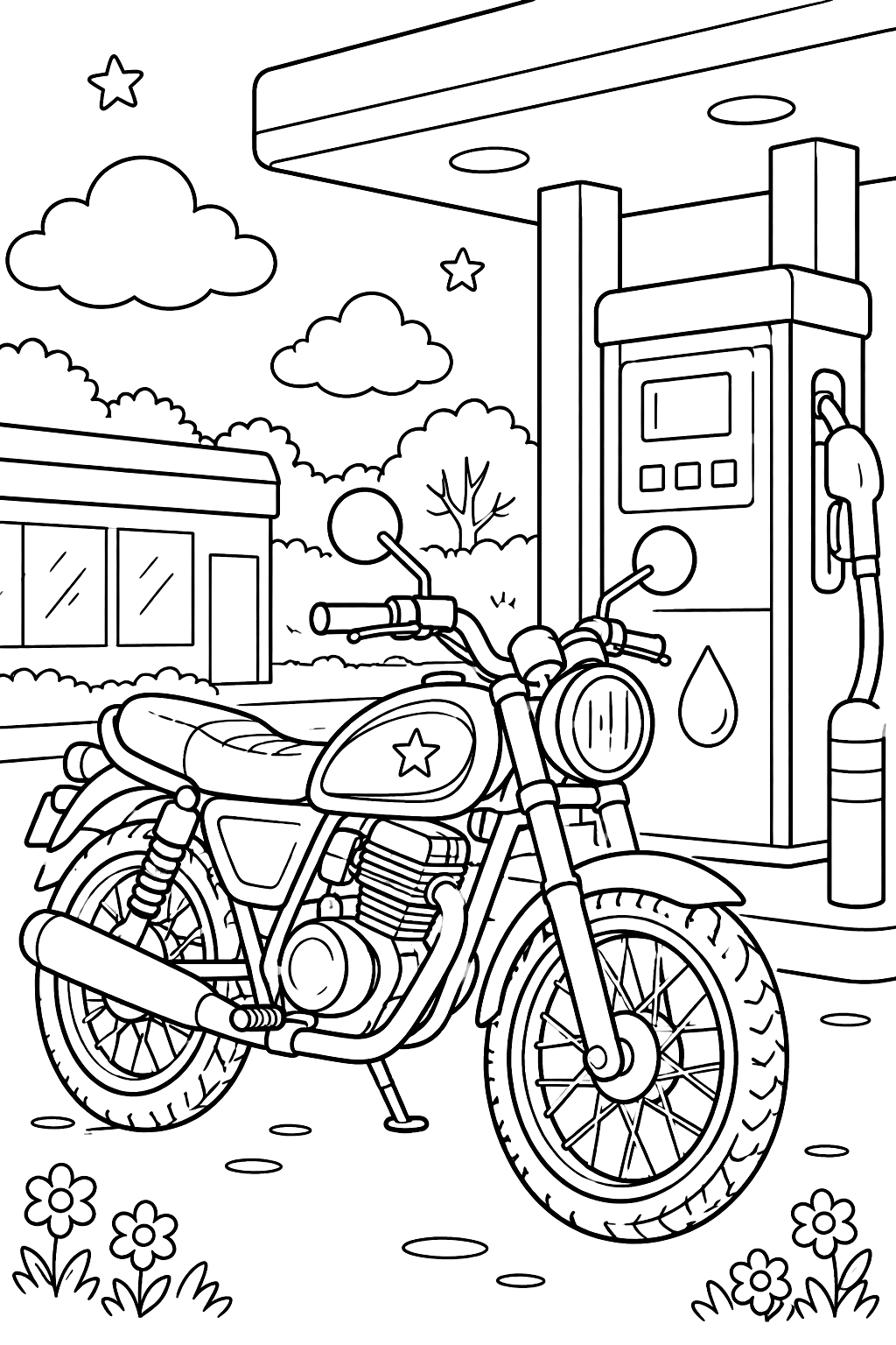 Motorcycle at a gas station coloring page