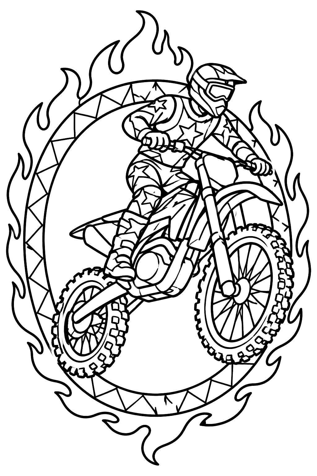 Motorcycle jumping through a ring coloring page