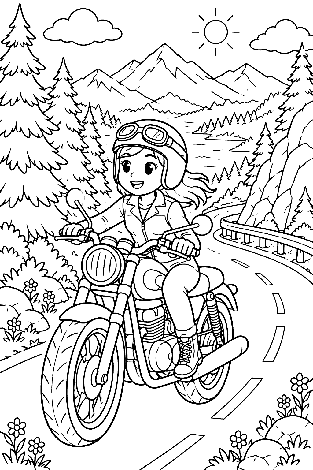 Motorcycle on a mountain road with trees coloring page
