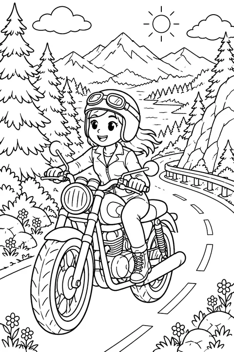 Motorcycle on a mountain road with trees coloring page