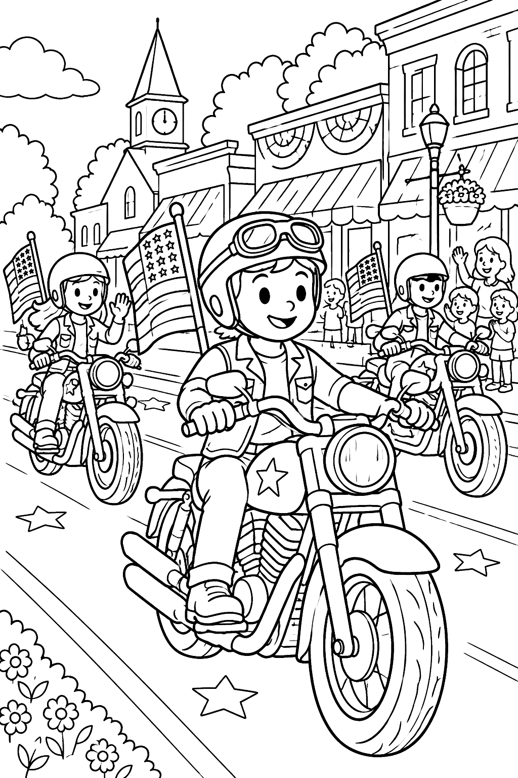 Motorcycle parade in a town coloring page