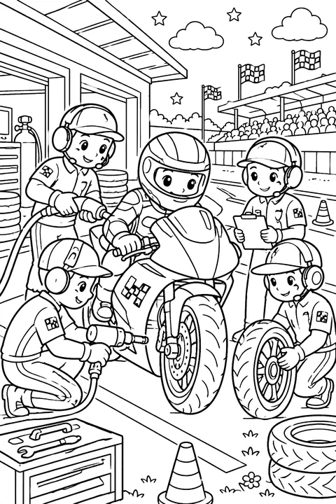Motorcycle racing team pit stop coloring page