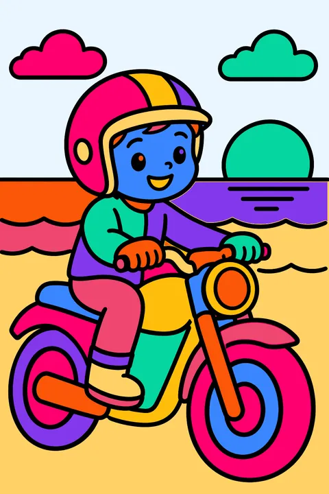 Motorcycle and rider at sunset by the sea coloring page