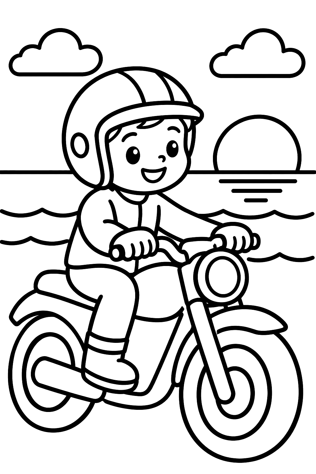 Motorcycle and rider at sunset by the sea coloring page