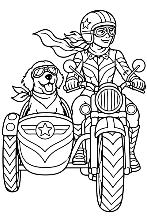 Motorcycle with sidecar and a dog in goggles coloring page