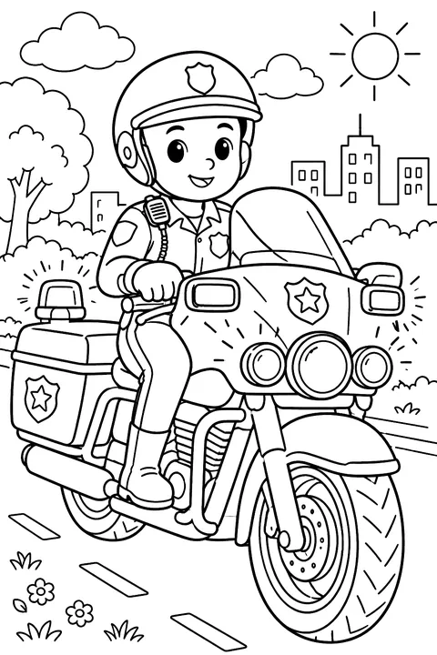 Police motorcycle with lights coloring page