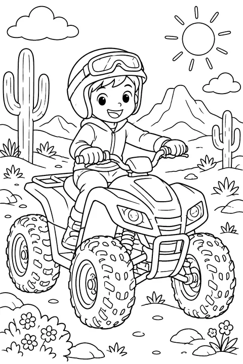 Quad bike in the desert coloring page