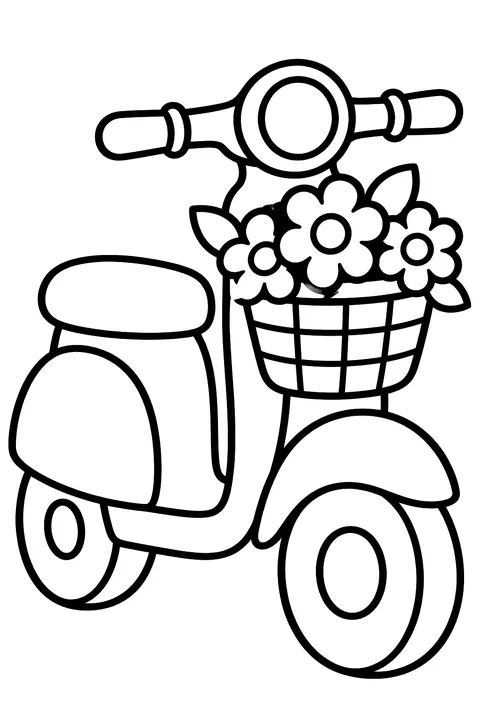 Scooter with a basket of flowers coloring page