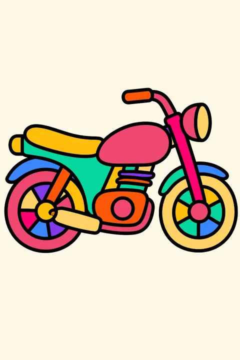 Simple motorcycle seen from the side, whole bike visible with both wheels inside the page and space around it coloring page