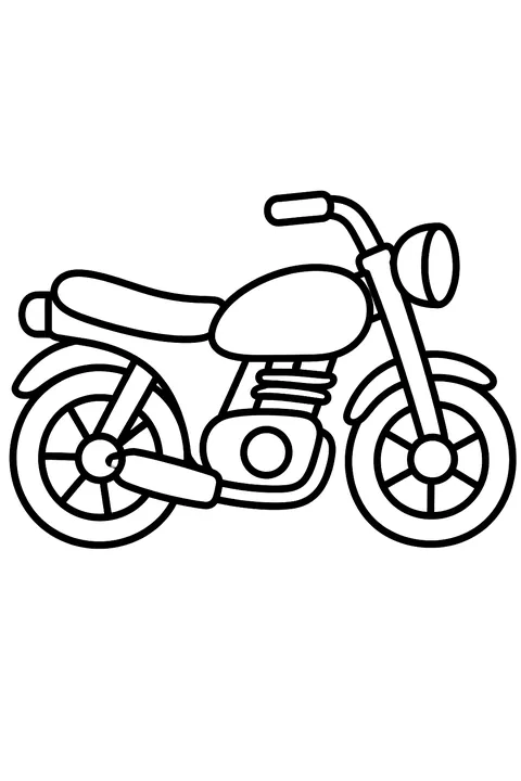 Simple motorcycle seen from the side, whole bike visible with both wheels inside the page and space around it coloring page