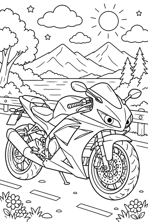 Sport motorcycle parked on a road coloring page